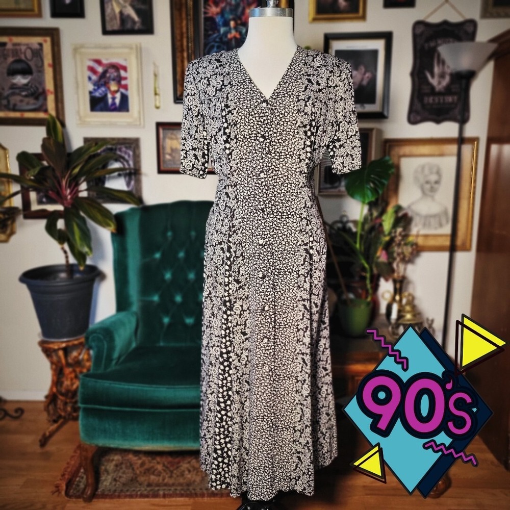 Floral Maxi Dress Vintage 90s Black White Button Front Grunge Boho Large 45" L